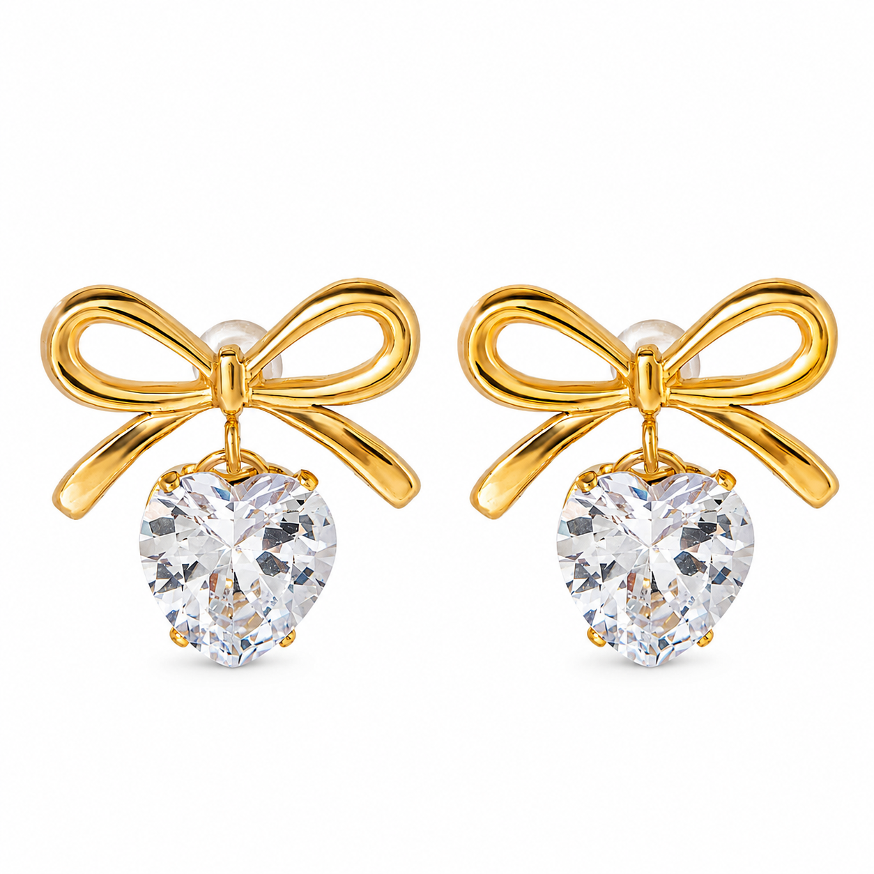 Zircon Heart & Bow Drop Earrings