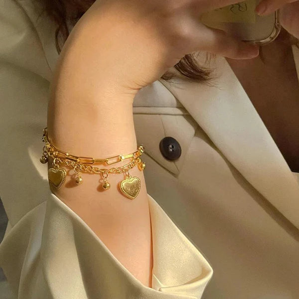 Double Heart Charm Layered Bracelet