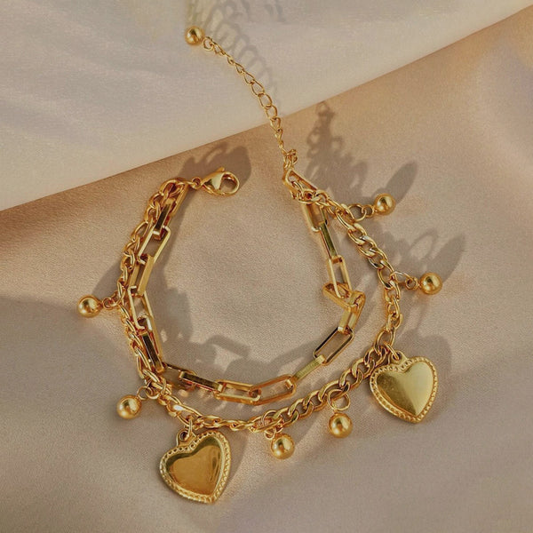 Double Heart Charm Layered Bracelet