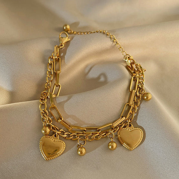 Double Heart Charm Layered Bracelet
