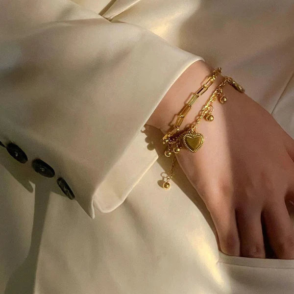 Double Heart Charm Layered Bracelet