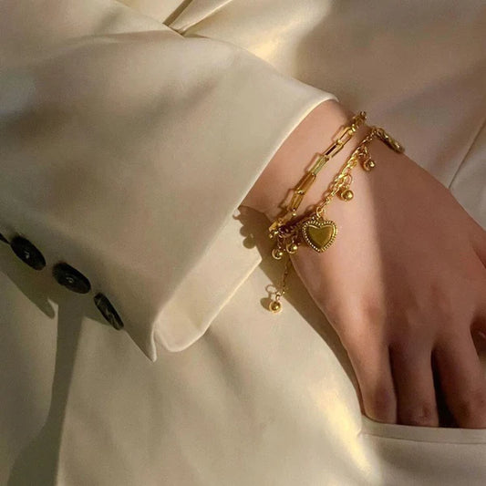 Double Heart Charm Layered Bracelet