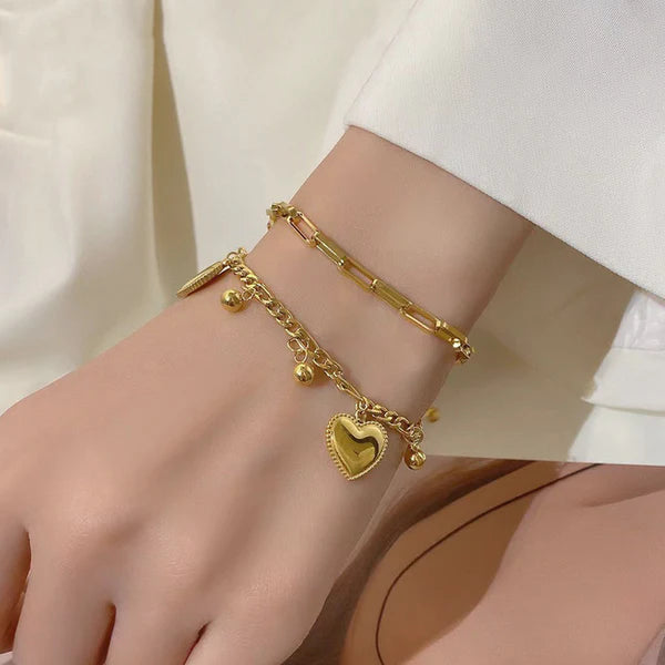Double Heart Charm Layered Bracelet