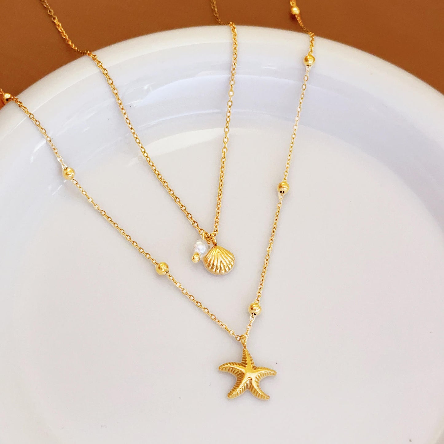 Shell Starfish Pearl Double Layer Necklace