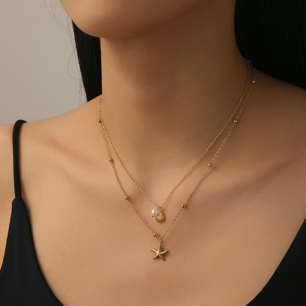 Shell Starfish Pearl Double Layer Necklace