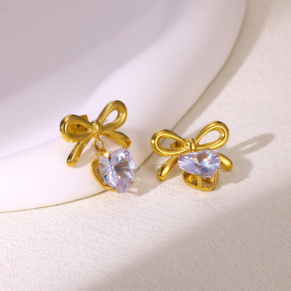 Zircon Heart & Bow Drop Earrings