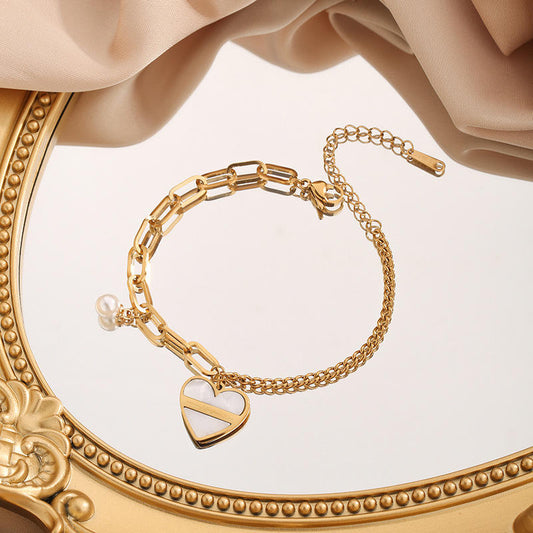 Love White Heart Pearl Charm Bracelet