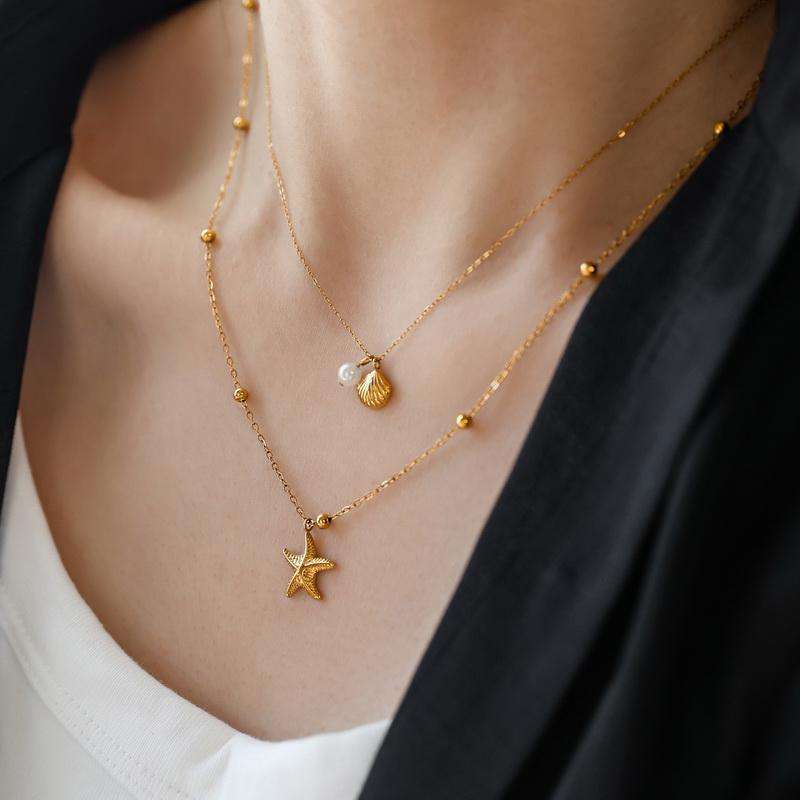 Shell Starfish Pearl Double Layer Necklace