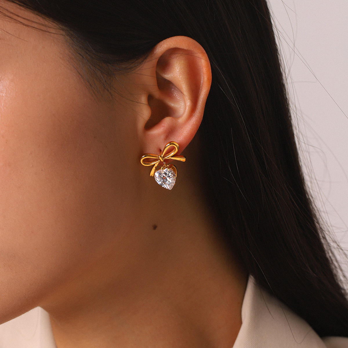 Zircon Heart & Bow Drop Earrings