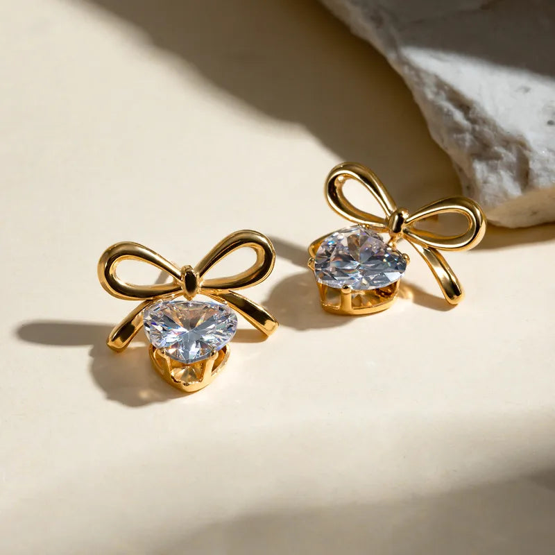Zircon Heart & Bow Drop Earrings