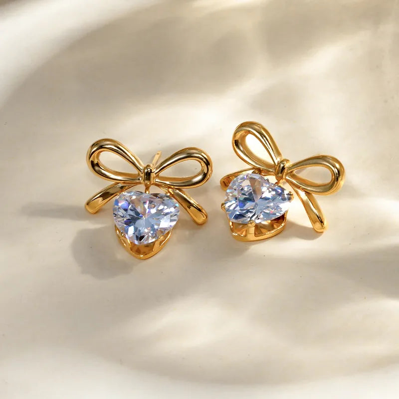 Zircon Heart & Bow Drop Earrings