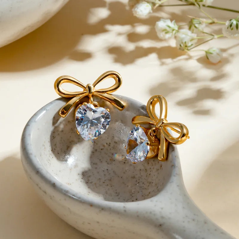 Zircon Heart & Bow Drop Earrings