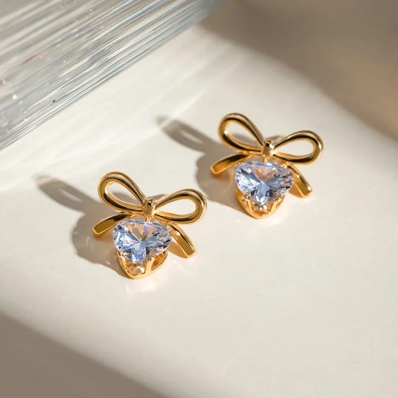 Zircon Heart & Bow Drop Earrings