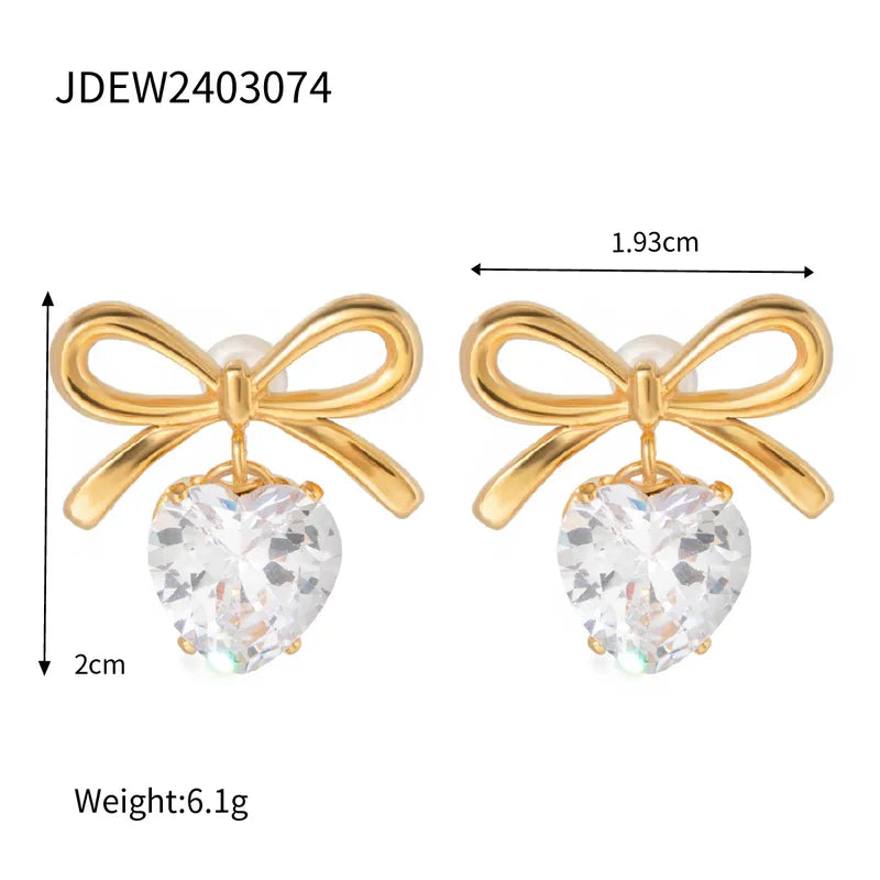 Zircon Heart & Bow Drop Earrings