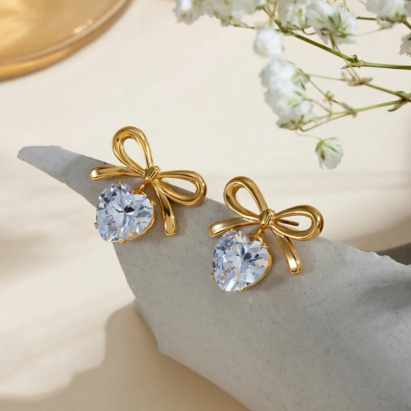Zircon Heart & Bow Drop Earrings