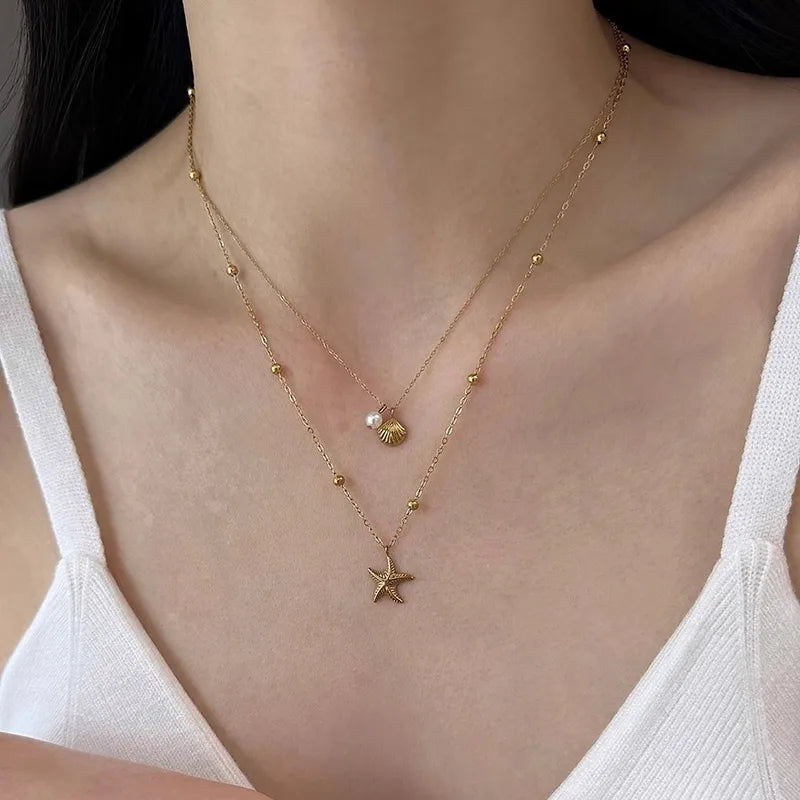 Shell Starfish Pearl Double Layer Necklace