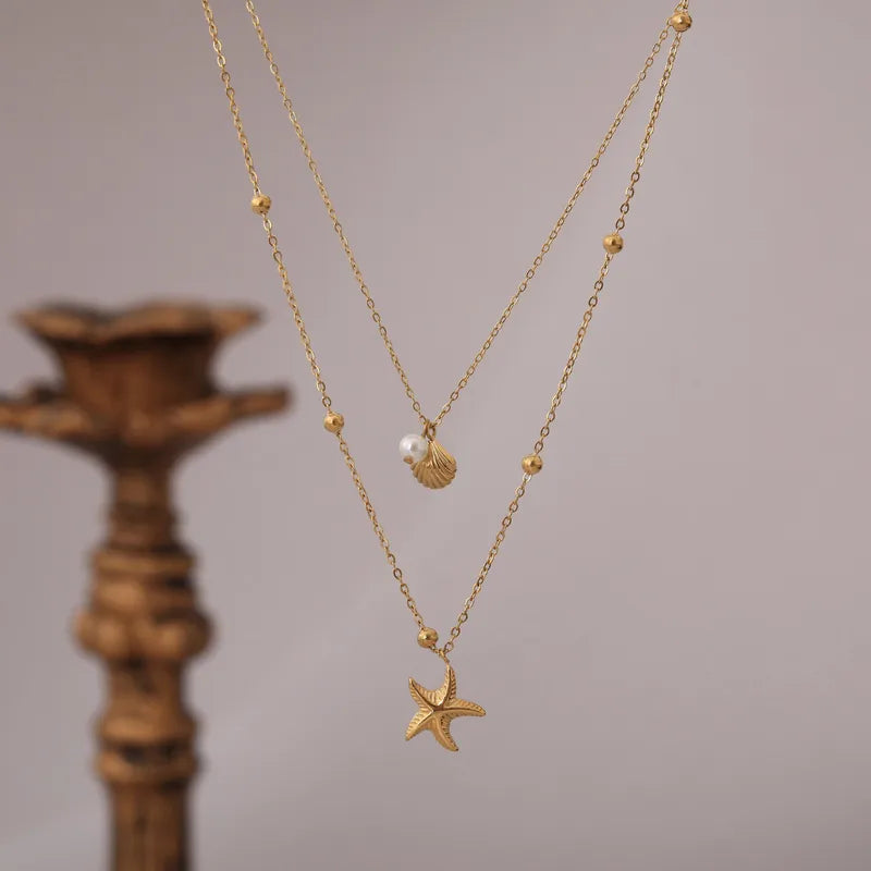 Shell Starfish Pearl Double Layer Necklace