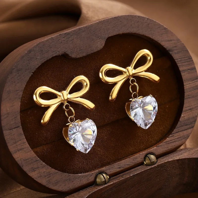 Zircon Heart & Bow Drop Earrings
