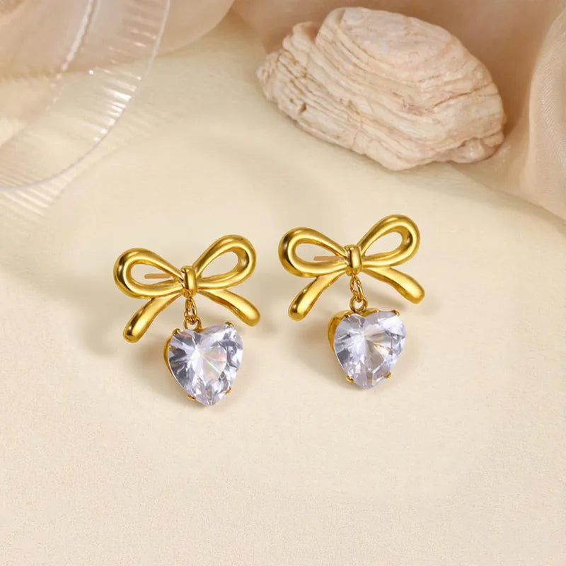 Zircon Heart & Bow Drop Earrings